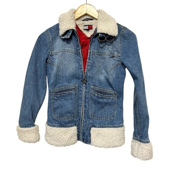 Vintage Y2K Tommy Jeans Hilfiger Denim Faux Sherpa Jacket Blue Jean Retro XS - Picture 1 of 9